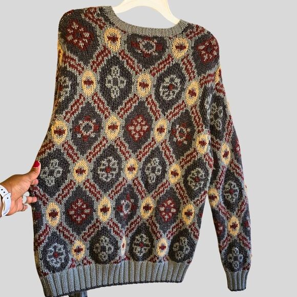 Vintage Perry Ellis Sweater Mens Size Large Burgundy Wool Tribal Knit Grunge 90s - Picture 4 of 14